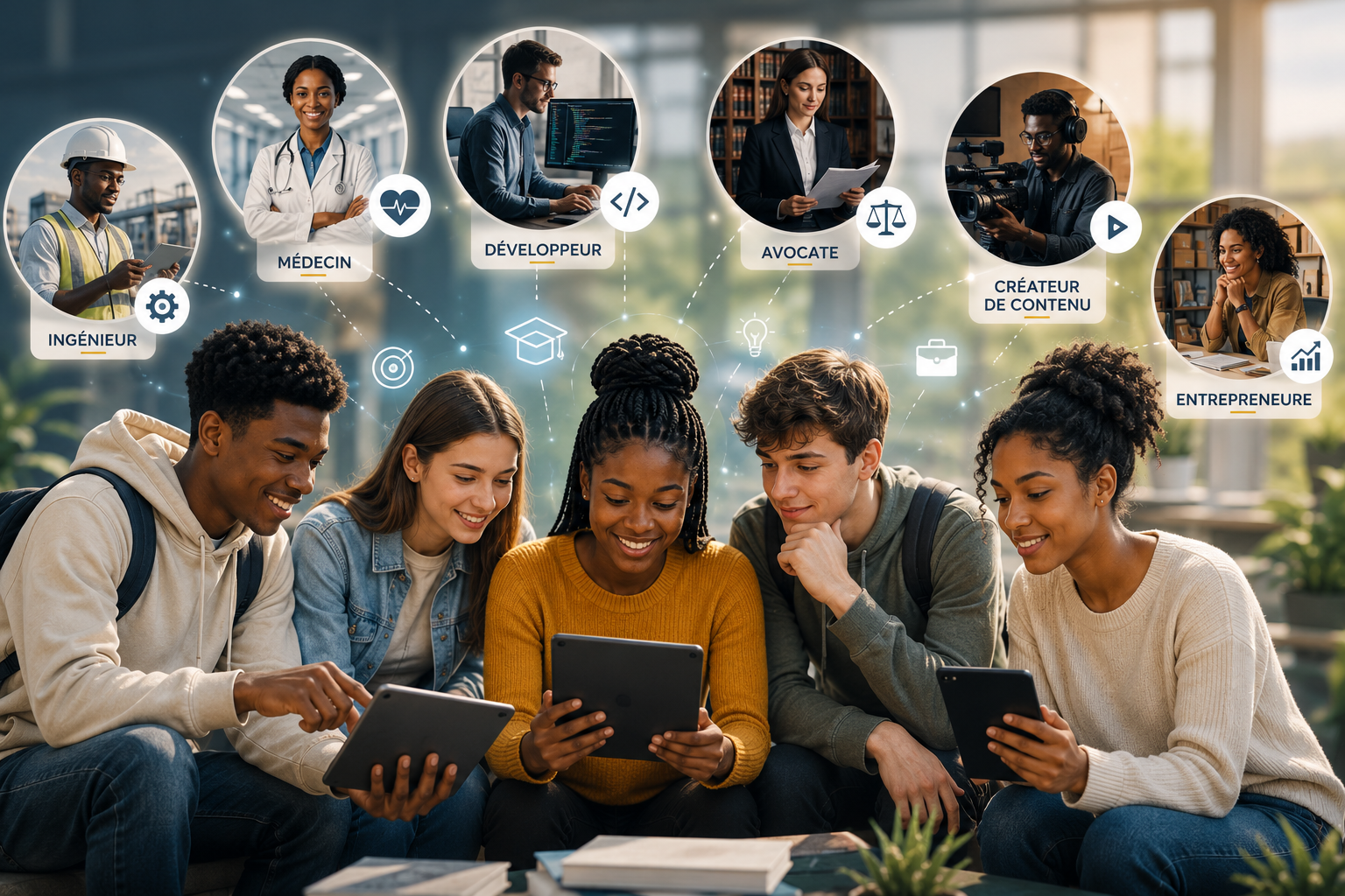 Groupe de jeunes explorant leurs métiers sur tablette, avec des suggestions de carrières (ingénieur, médecin, développeur, avocate, créateur de contenu, entrepreneure)