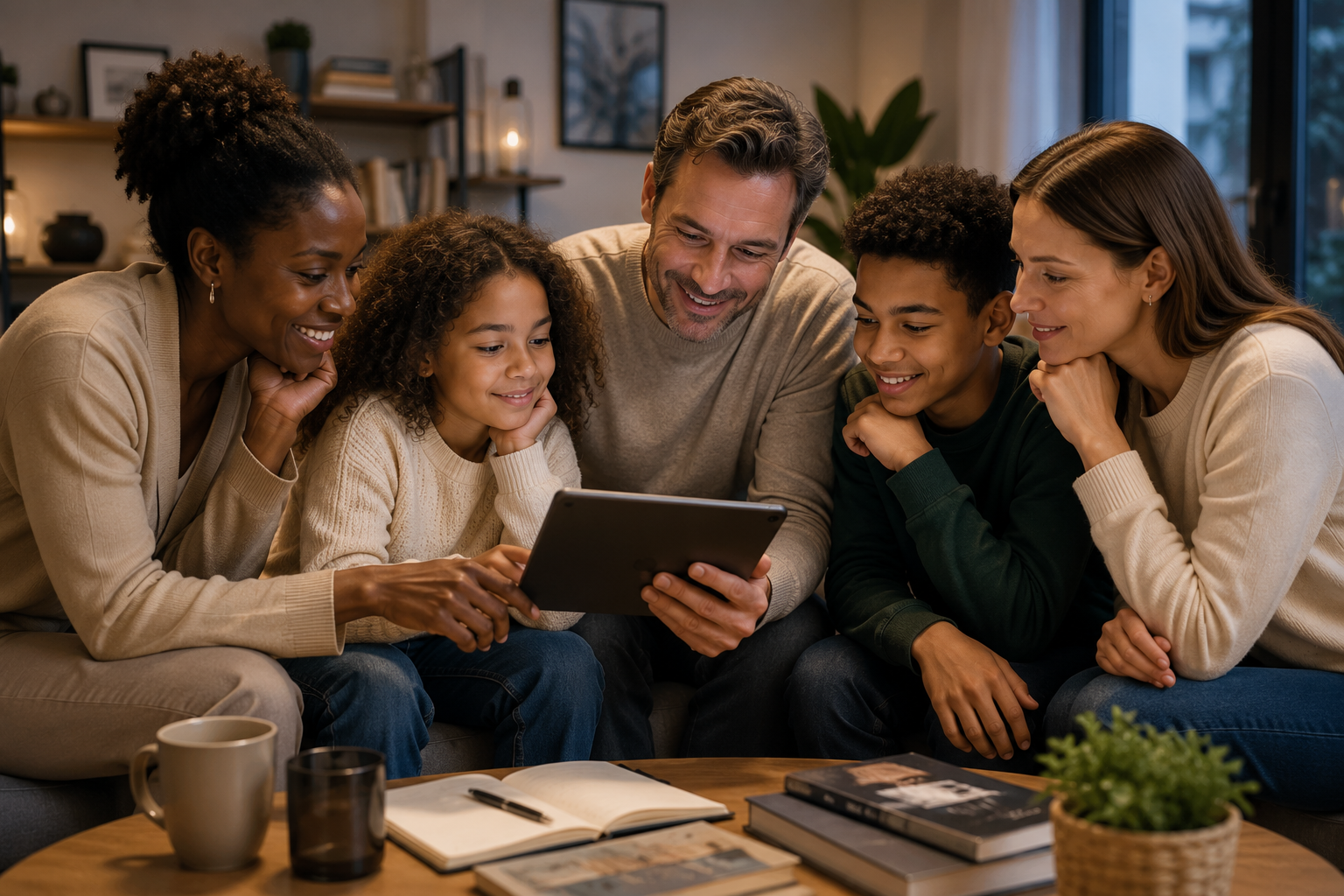 Famille discutant d'orientation autour d'une tablette
